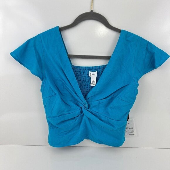 Japna Halter Crop Top Blue Wrap smocked Linen Blend Size L - Picture 1 of 7